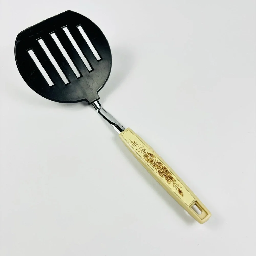 VTG Wide Slotted Spatula‎ By KOCO Japan Black Nylon Wheat Floral Graphics